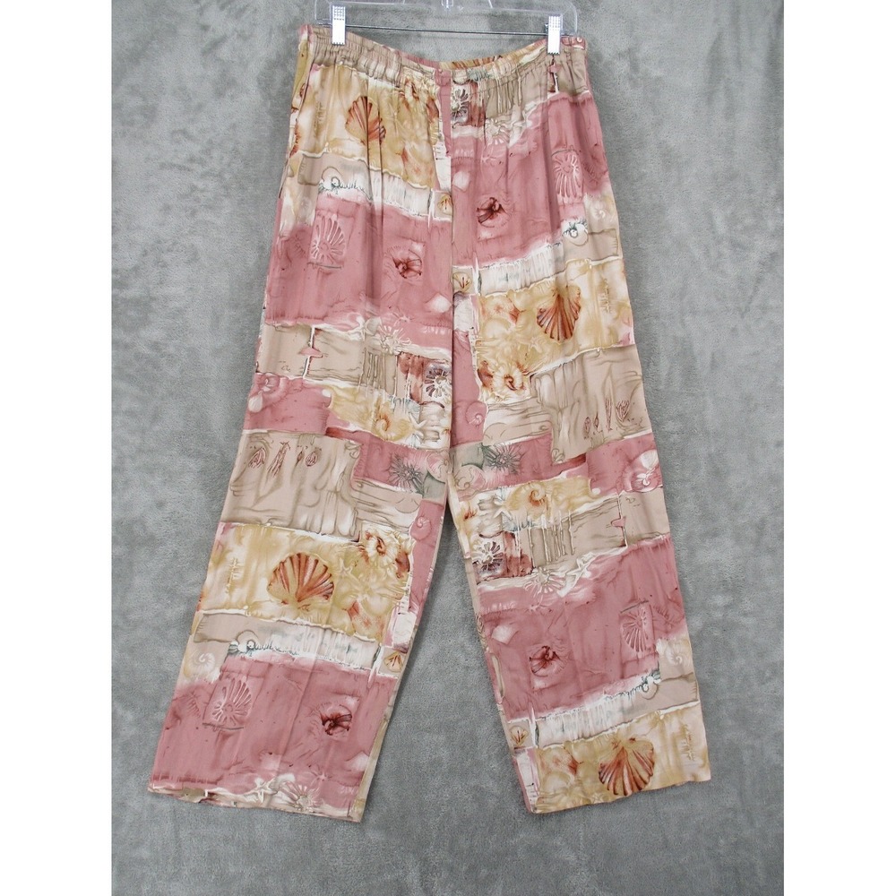 VTG Passports Pants Womens Size L Pink Seashell Coastal Wide Leg Pull On Resort